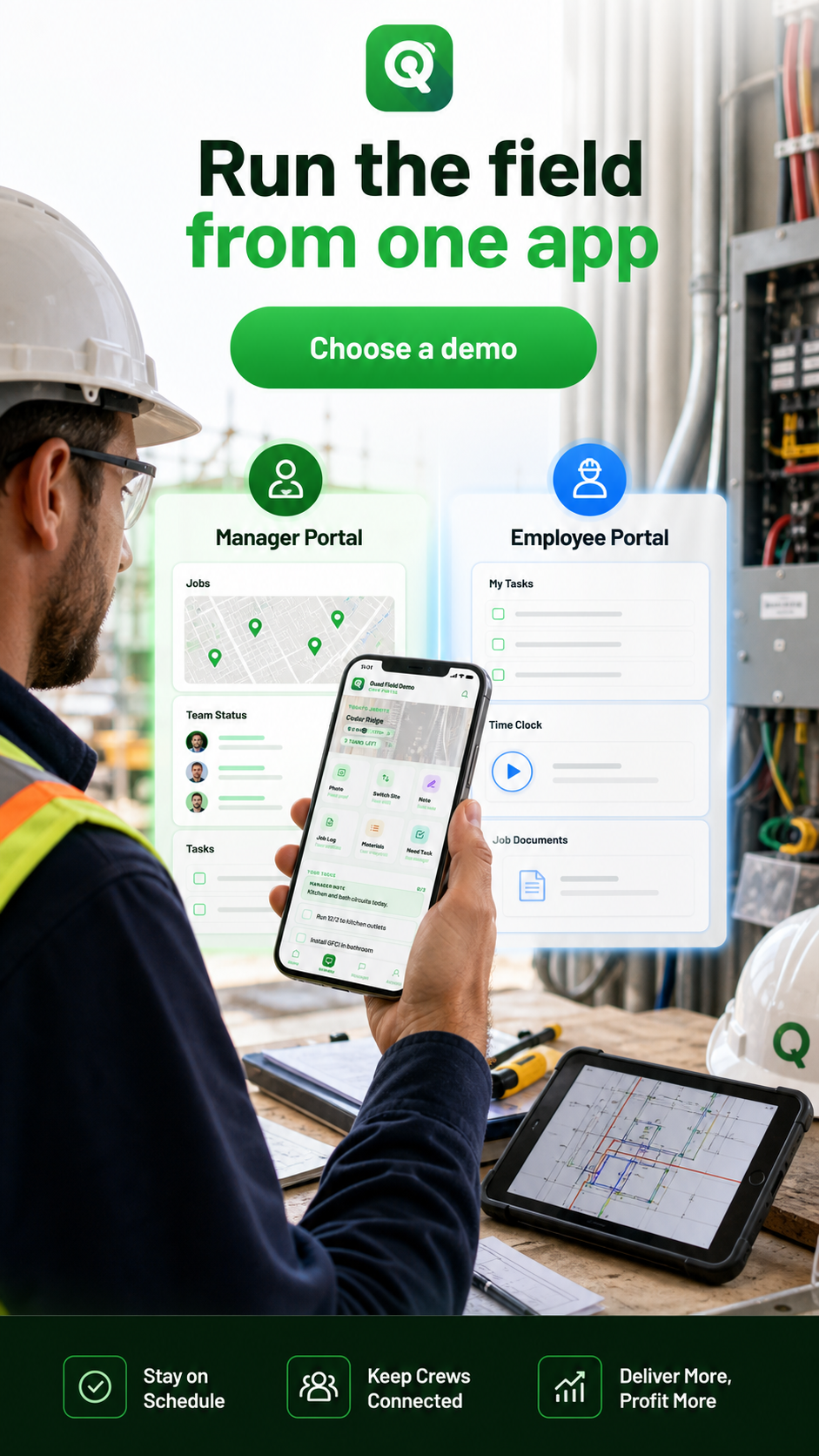 Clockin Volts field app poster with Manager Portal and Employee Portal choices